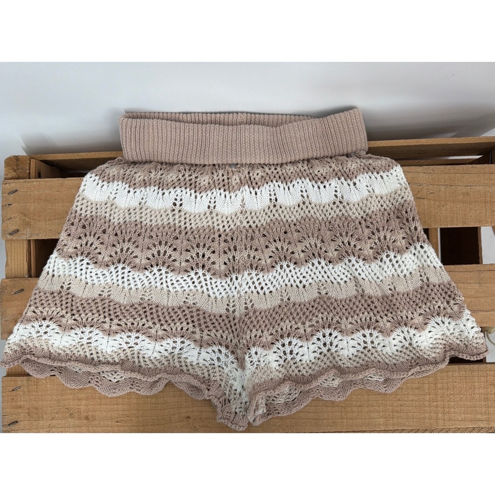 Princess Polly Tan White Striped Crochet Knit Shorts Scalloped Boho Summer US 2